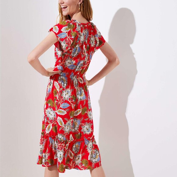 LOFT Red Floral Midi Dress Size Small | Ruffle Sleeve Boho Fit & Flare - Picture 1 of 10